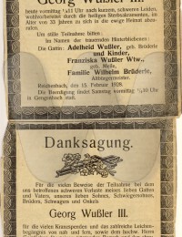 Todesanzeige und Danksagung Georg Wussler, Ehemann von Adelheid Brüderle 19.02.1928