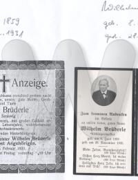 Sterbebild Wilhelm Brüderle und Todesanzeige Emilie Brüderle geb. Sennwig 24.02.1931